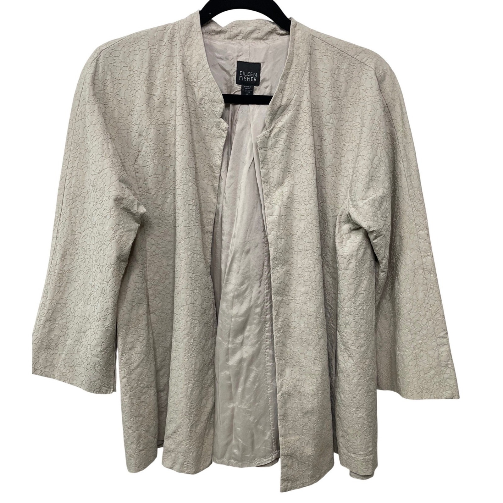 Eileen Fisher Beige Jacquard Open Front 3/4 Sleeve Jacket M Textured Classy